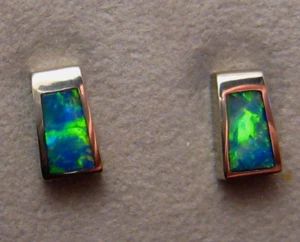 Opal Stud  Earrings - 14 k white  Gold - Picture 1 of 14