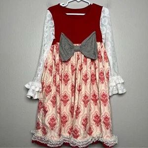 Persnickety Girls Dress 6 Red White Lace Long Sleeve Paisley Midi Empire Waist - Picture 1 of 9