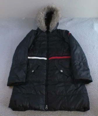 Abrigo Parka Tommy Hilfiger Niñas XL 16 Negro Cremallera Completa Ribete de Piel Bolsillos con Capucha Foto 1 de 4