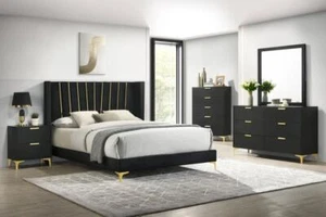 Contemporary Velvet Wing back Queen King Bedroom Set In Gold Black - Picture 1 of 36