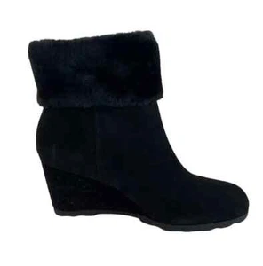 ALFANI Womens Black Faux Fur Cuff  Wedge Zip-Up Suede Booties 9 M - Picture 1 of 3