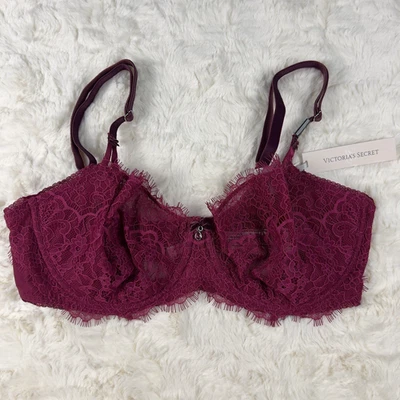 Victoria’s Secret Dream Angels Burgundy Floral Lace Unlined Balconette Bra 36D - Image 1 of 4