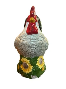 Ceramic Rooster Cookie Jar Chicken On Sunflowers 2 Piece Farmhouse Decor Hen - Picture 1 of 6