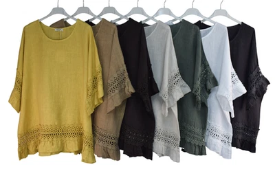 Italian Lagenlook Linen Lace Panel Oversized Summer Top - Image 1 of 2