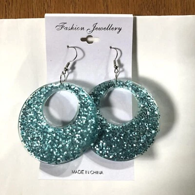 Women’s Fashion Blue Glitter Hoop Earrings Party Beach Vacation (A)65 - Image 1 of 3