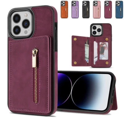 Flip Leather Zip Case Cover With Card Slot For iPhone 15 16 14 13 12 11 Pro Max - Image 1 of 4