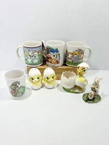 Vintage Lot of Easter Mugs, Egg Cups, Ornaments Retro Chicken Bunny Eggs Decor - Picture 1 of 13