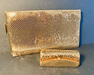 2 Pc VTG Whiting & Davis Gold Tone Metal Mesh Purse Clutch Bag & Lipstick Case - Picture 1 of 12