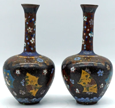 Matched Pair of Antique Japanese Cloisonne Vases with Sparkling Goldstone ~ Nice - Image 1 of 4