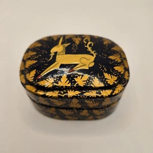 Lacquer Paper Mache Trinket Box Unicorn Goat Kashmir India Handpainted Vintage - Picture 1 of 9