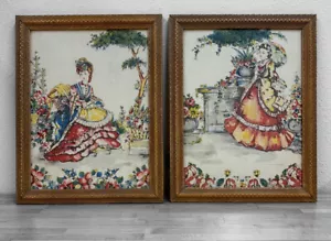 Victorian Ladies Framed Textile Pictures 1946 10 x 13 Set of 2 - Picture 1 of 6