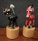 Vintage ITALY Wooden Push Up Button Collapsible PUPPET Toy Horse Red & Black Cat