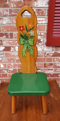 Vintage Bench Childs Chair Hand Painted Floral Green Plaid Ribbon Cover