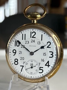 1926 WALTHAM USA Gr. Crescent St 16s POCKET WATCH 21J 24h Dial Gold Filled TICKS - Picture 1 of 11