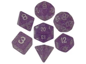 7 COUNT 16MM ETHEREAL GLITTER POLY DICE SET, LIGHT PURPLE w/ WHITE NUMBERS - Picture 1 of 1