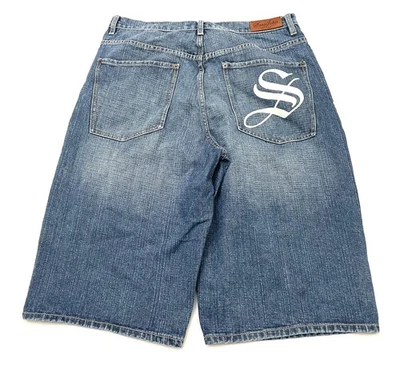 Vintage Y2K Sean John Baggy Denim Shorts Jorts 34 Wide Leg Logo Hip Hop Skater - Image 1 of 4