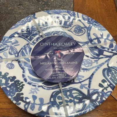 Juego de 4 platos de ensalada Cynthia Rowley hojas azules nuevas MELAMINA Foto 1 de 4