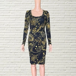 Versace Jeans Couture Mesh Dress - Black Gold Versace Print Bodycon Xs/s - Picture 1 of 7