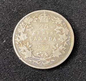 Moneda de 25 centavos de dólar Canadá 1907 cuarto 0,9250 plata ASW 0,1728 OZ envío gratuito - Imagen 1 de 2