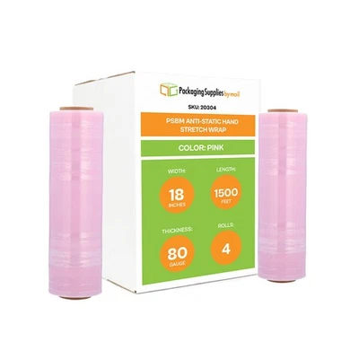 4 Rolls, 18" x 1500 Ft. 80 Gauge, Tinted Pink Anti-Static Hand Stretch Wrap - Image 1 of 4
