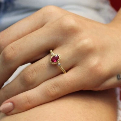 0.55 Ct Natural Ruby & Lab Grown Diamonds Bezel Ring 10k Solid Yellow Gold - Image 1 of 4