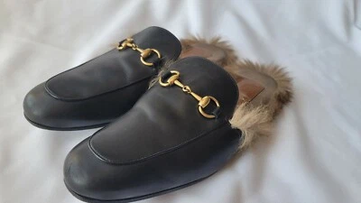 Gucci Men's Princetown Leather With Lamb Fur Mules Size 8 Black $995 - Image 1 of 4