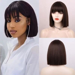 Natural Short Bob Wigs Straight Human Hair Wig with Bangs For Women Real Daily - Picture 1 of 14