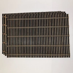 Set of 4 Wood Bamboo Placemats Slats Yarn Black Beige Brown ~17x12" VG Condition - Picture 1 of 5