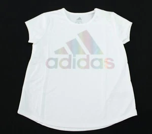 Adidas Girl's Short Sleeve Rainbow Logo Scoop Neck T-Shirt WR4 White Small NWT - Picture 1 of 5