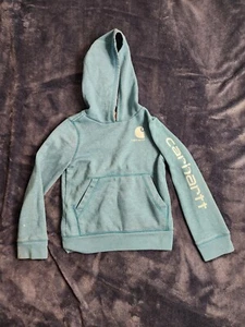 Carhartt Spellout Hoodie Sweatshirt Youth Size 6 Blue Fleece Lined Western Logo - Picture 1 of 10
