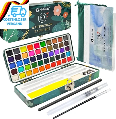 BESUCHE DEN ARTECHO-STORE Artecho Aquarellfarben Set 50 Farben in Tragbarer Box Inklusive 4 Fluoreszierend