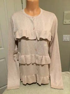 ANN TAYLOR Pink/Rose W/Gold Flecks Cardigan Sweater. Front Ruffles. Sz L. NEW - Picture 1 of 5