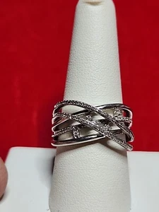 ❤️Sterling Silver SUN Real White Diamond Crossover Ring Size 8.75❤️ - Picture 1 of 9