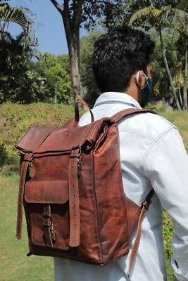 New Men's Bag Leather Roll Rucksack Travel Genuine Backpack Laptop - Image 1 of 4