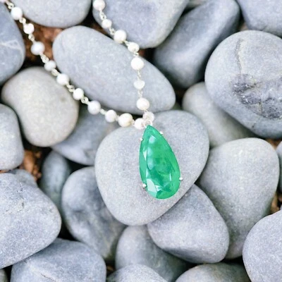 Silver Jewelry Necklace Imitation Emerald with Pearl - Image 1 of 4