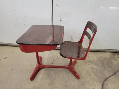 Vintage antique child's school desk with swivel chair metal with wood top red Cover