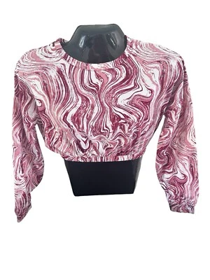 Womens Red White Marble Design Crop Top Balloon Sleeve Size Medium M Midriff - Image 1 of 4