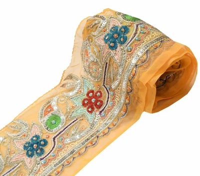 Sushila Vintage Yellow Saree Border Sequins Embellish Craft Sewing Trim Lace - Image 1 of 4