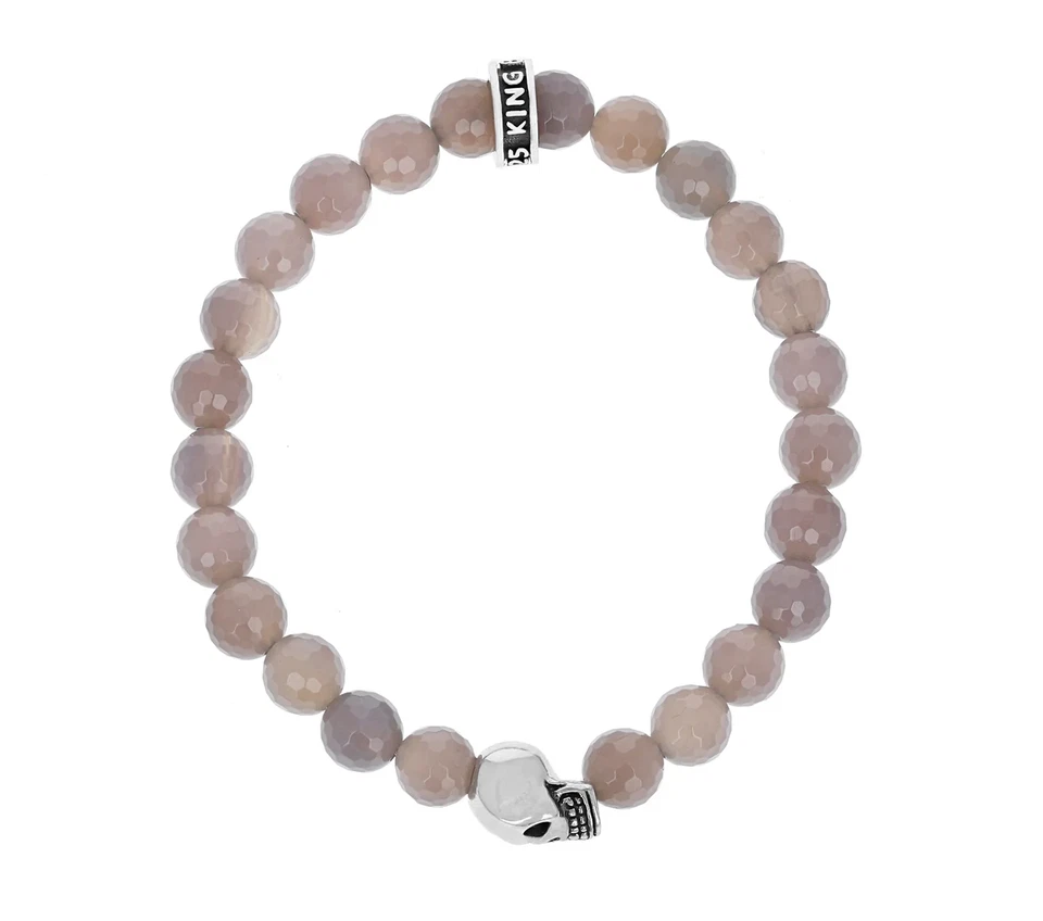 KING BABY K40-5288AGG 灰色玛瑙和银色头骨 8 毫米串珠手链 7.5 S — 第 1/1 张图片