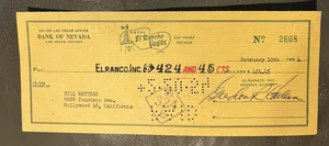 El Rancho Vegas Check To Bill Watters Hollywood California Signed 1954 - Picture 1 of 2