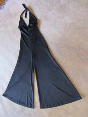 Mono Pantalón ESTIVO Palazzo Años 70 80 NEGRO Con Escote Corbata-100% Poli-Talla 7 Foto 1 de 4