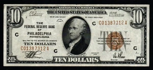 1929 $10 PHILADELPHIA CRISP AU Federal Reserve Bank Note! - Picture 1 of 2