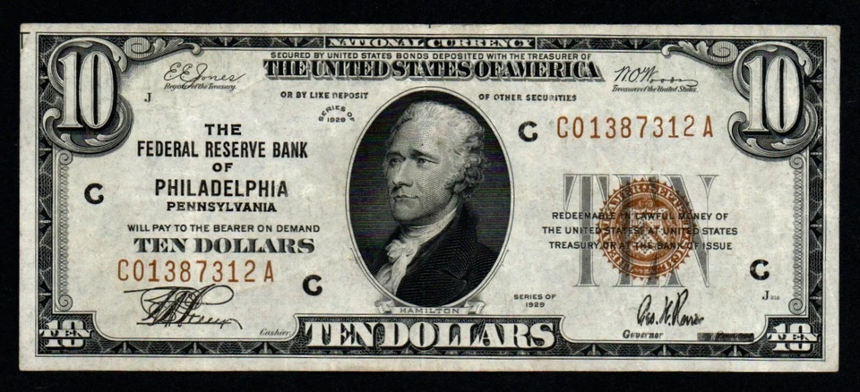 1929 $10 PHILADELPHIA CRISP AU Federal Reserve Bank Note! - Image 1 of 2