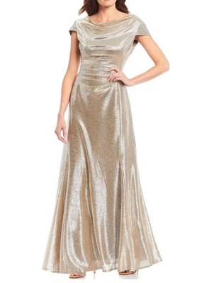 Платье Tahari серебристое металлик драпировка вырез размер 12 - Изображение 1 из 4