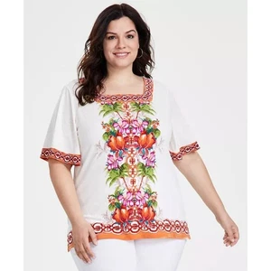 JM Collection Julia Jungle Cream Square-Neck Short Bell Sleeves Top Plus Size 1X - Picture 1 of 7