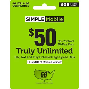 SIMPLE Mobile 50 $ Vraiment Illimité Appels, Tems, Data Forfait [Livraison Physique] - Photo 1 sur 6