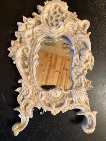 Vintage Handcrafted Genuin Incolay Stone Frame Mirror Gray / Cream Cherub Floral Cover