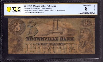 1857 $3 BROWNVILLE BANK & LAND COMPANY NEBRASKA GREEN TINT OBSOLETE NOTE PCGS 8 - Image 1 of 3