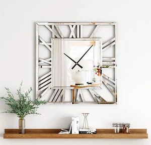 Large Silver Square Mirrored Wall Clock Elegant Design Roman Numerals 60 x 60cm - Picture 1 of 4