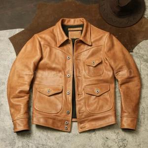 Full Grain Batik 1.6mm Heavy Cowhide Men's Farmer Retro Leather Jacket - Picture 1 of 14